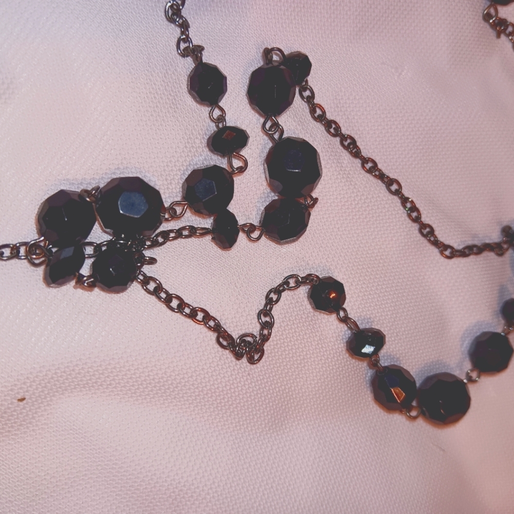 Black Faceted Beaded 60" Necklace With Gunmetal Chain - EUC